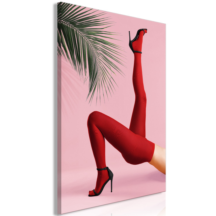 Canvas Print Red Tights (1-piece) - female legs against a green palm tree background 144116 additionalImage 2