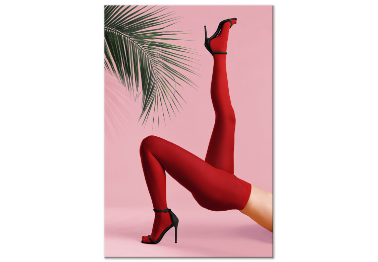 Canvas Print Red Tights (1-piece) - female legs against a green palm tree background 144116