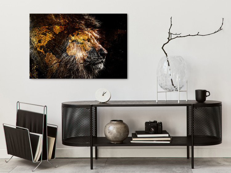 Canvas Art Print Golden Lion (1-piece) - portrait of a wild animal and world map 148816 additionalImage 3