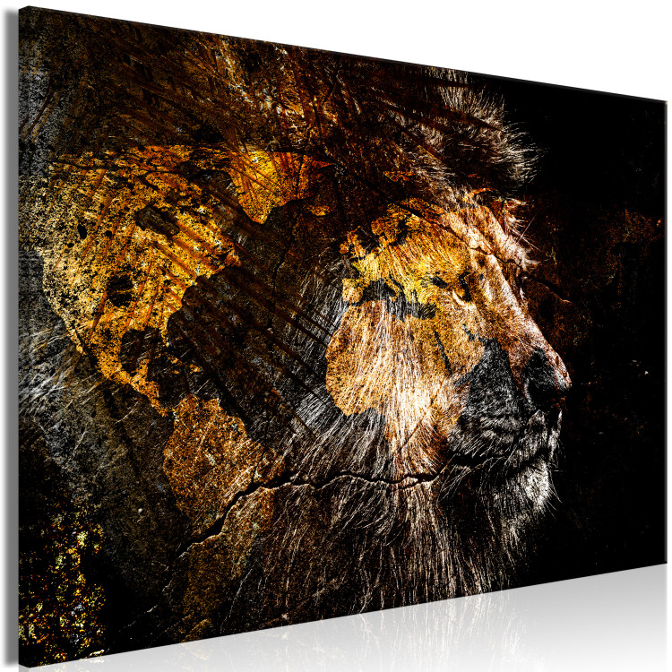 Canvas Art Print Golden Lion (1-piece) - portrait of a wild animal and world map 148816 additionalImage 2