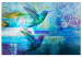 Canvas Hummingbirds in Flight (1-piece) - blue abstraction with flying birds 148916