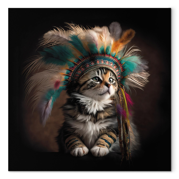 Canvas AI Kitty - Portrait of a Proud Animal in an Indian Headdress - Square 150116