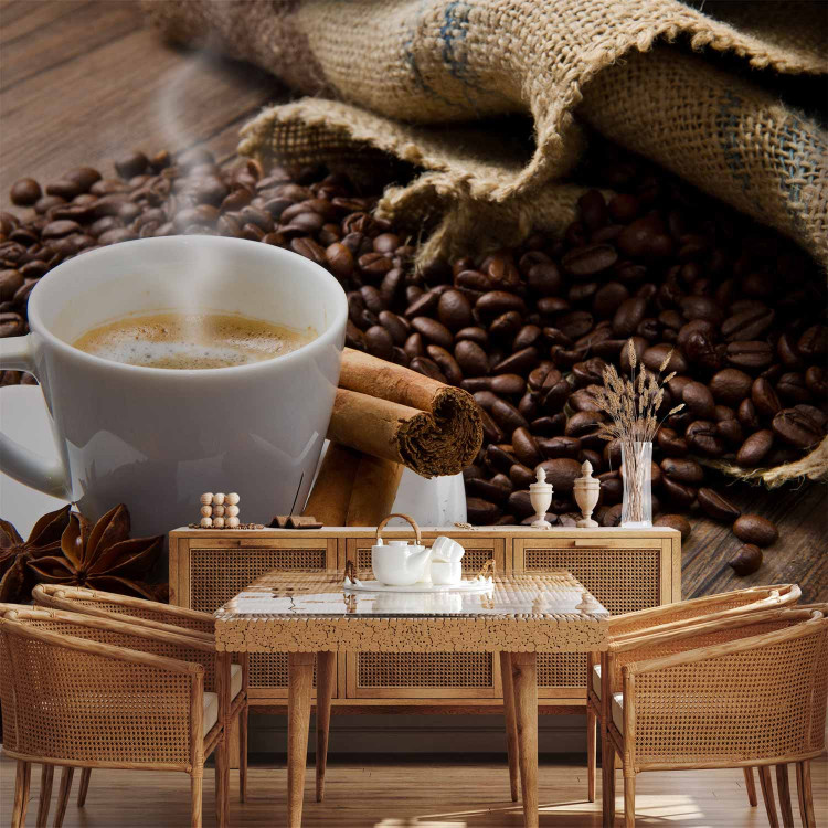 Wall Mural Morning - Cup of Hot Coffee on a Brown Background with Spices 59816 additionalImage 6