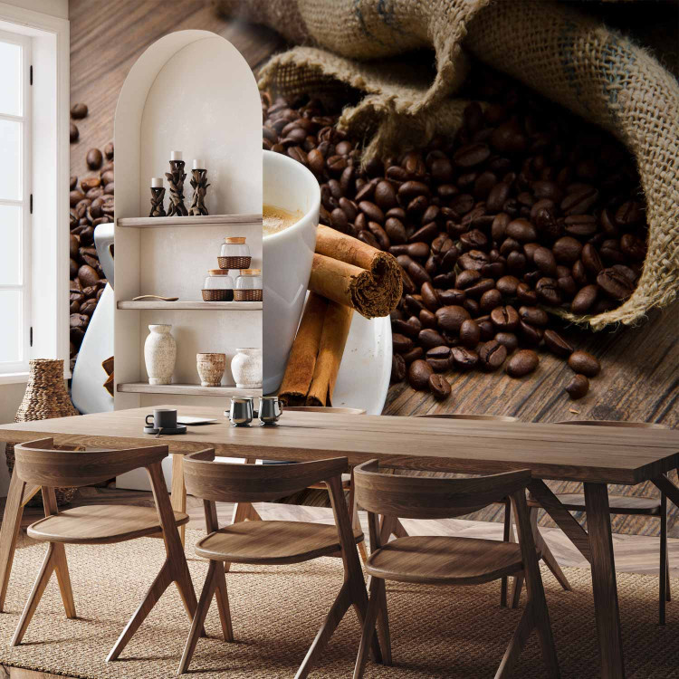 Wall Mural Morning - Cup of Hot Coffee on a Brown Background with Spices 59816 additionalImage 7