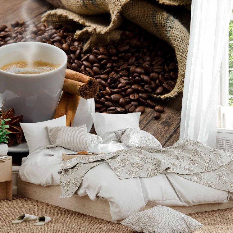Wall Mural Morning - Cup of Hot Coffee on a Brown Background with Spices 59816 additionalImage 2