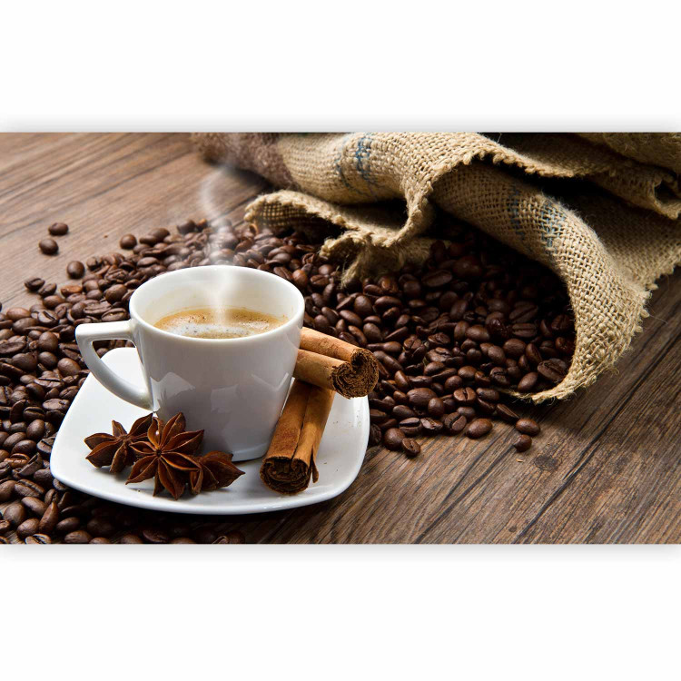 Wall Mural Morning - Cup of Hot Coffee on a Brown Background with Spices 59816 additionalImage 1
