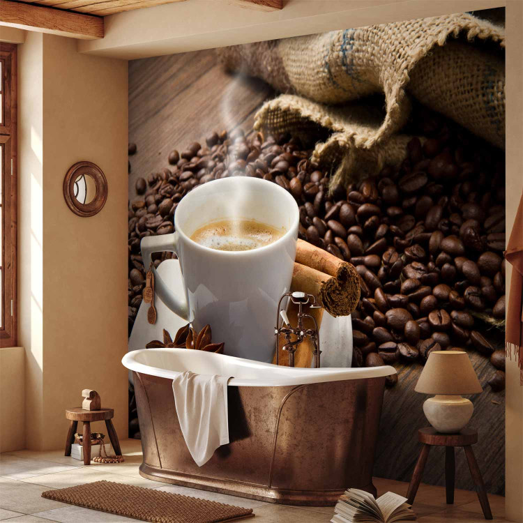 Wall Mural Morning - Cup of Hot Coffee on a Brown Background with Spices 59816 additionalImage 8