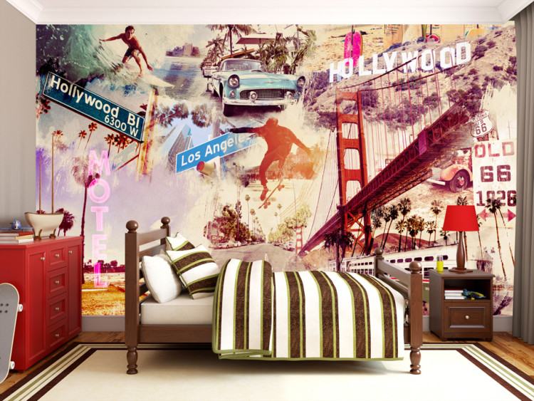 Photo Wallpaper Hollywood Miami Los Angeles... - Artistic Retro-Style Mural of the USA 60616