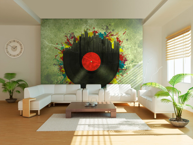 Wall Mural Sounds of the City - Vinyl record on a green background with various colors 61116