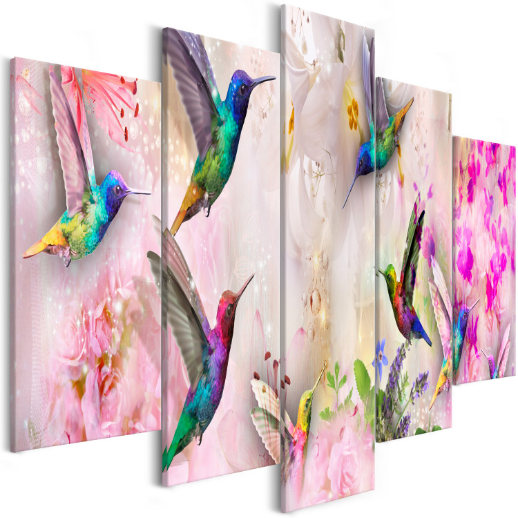 Canvas Colourful Hummingbirds (5 Parts) Wide Pink 108026 additionalImage 2