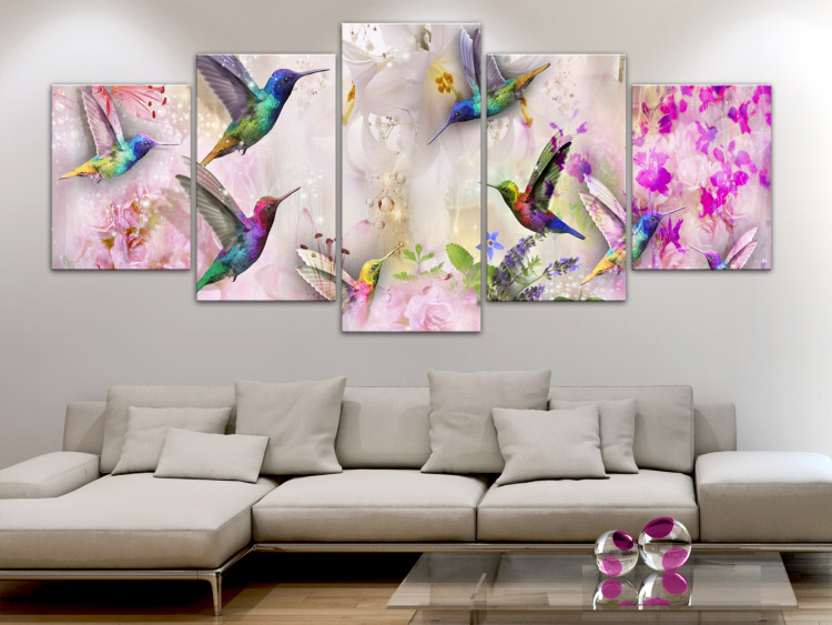 Canvas Colourful Hummingbirds (5 Parts) Wide Pink 108026 additionalImage 3