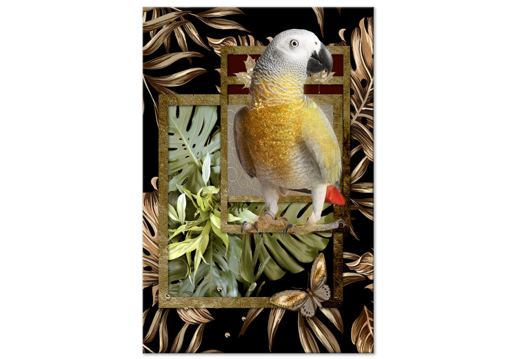 Canvas Print Bird of Jungle Paradise (1-part) - Parrot Against Leaves and Butterfly 116426