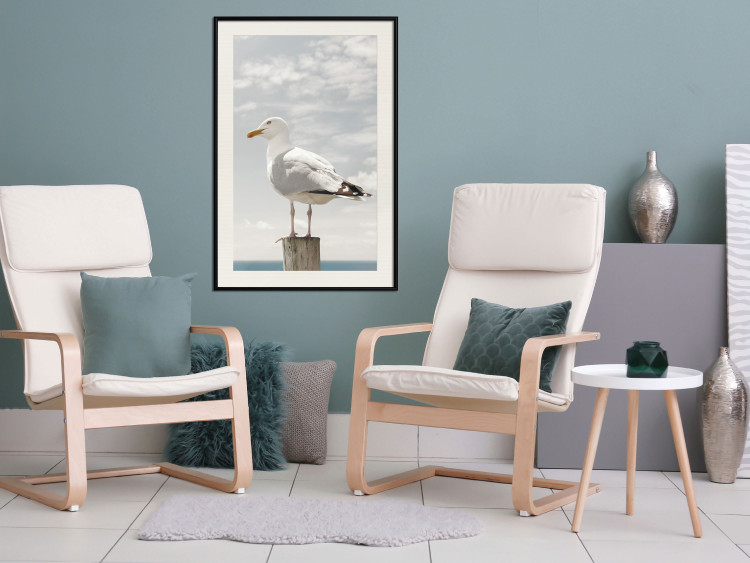 Wall Poster Seagull - water bird sitting on a pier with sea and cloudy sky in the background 117026 additionalImage 22