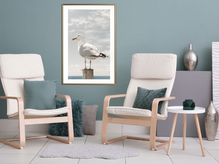 Wall Poster Seagull - water bird sitting on a pier with sea and cloudy sky in the background 117026 additionalImage 15