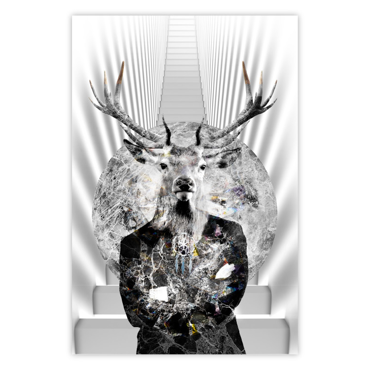 Wall Poster Hern - black and white abstraction with deer figure and stairs in the background 117226