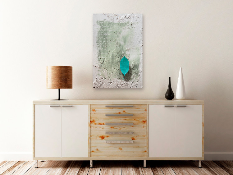 Canvas Art Print Aquamarine secrets - turquoise leaf on the background with the effect of an invoice of aged paper and vintage subtitles 118226 additionalImage 3