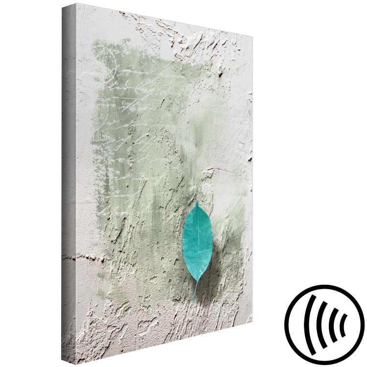 Canvas Art Print Aquamarine secrets - turquoise leaf on the background with the effect of an invoice of aged paper and vintage subtitles 118226 additionalImage 6