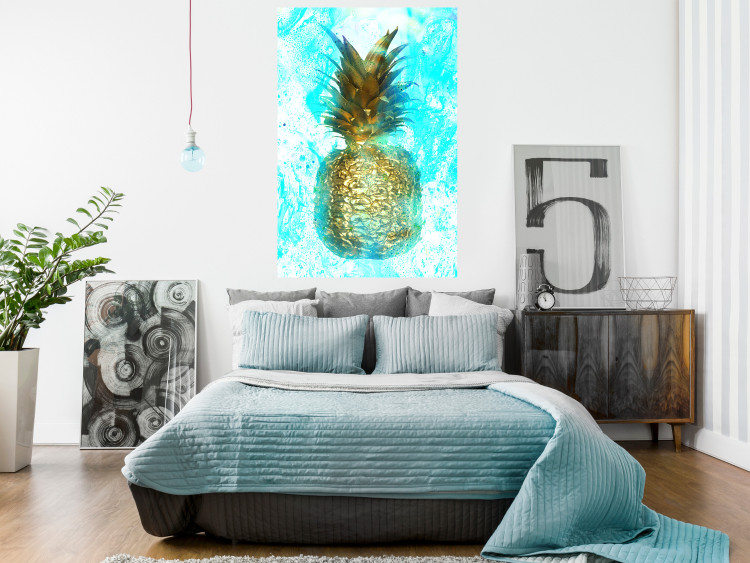 Wall Poster Precious Fruit - tropical pineapple in golden color on a blue background 131826 additionalImage 2