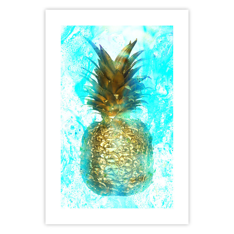 Wall Poster Precious Fruit - tropical pineapple in golden color on a blue background 131826 additionalImage 19