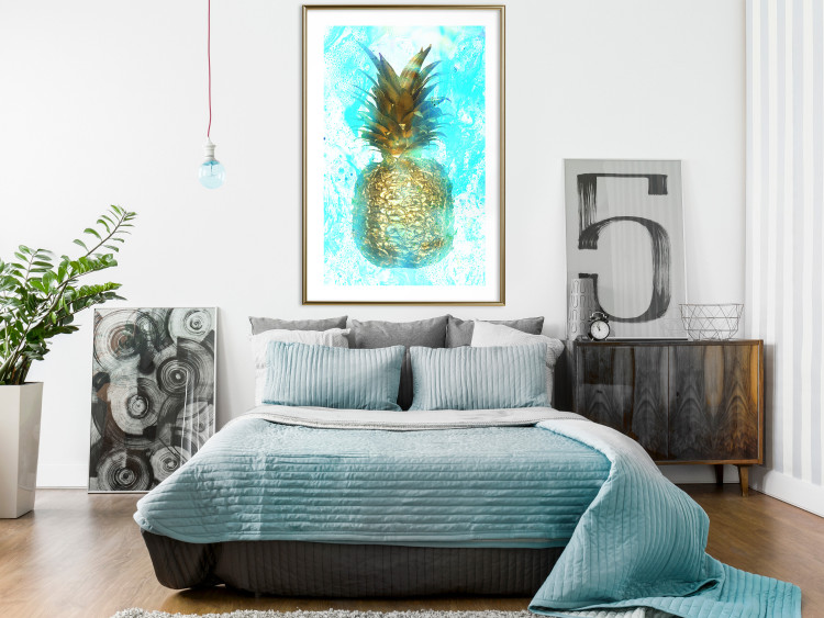 Wall Poster Precious Fruit - tropical pineapple in golden color on a blue background 131826 additionalImage 13