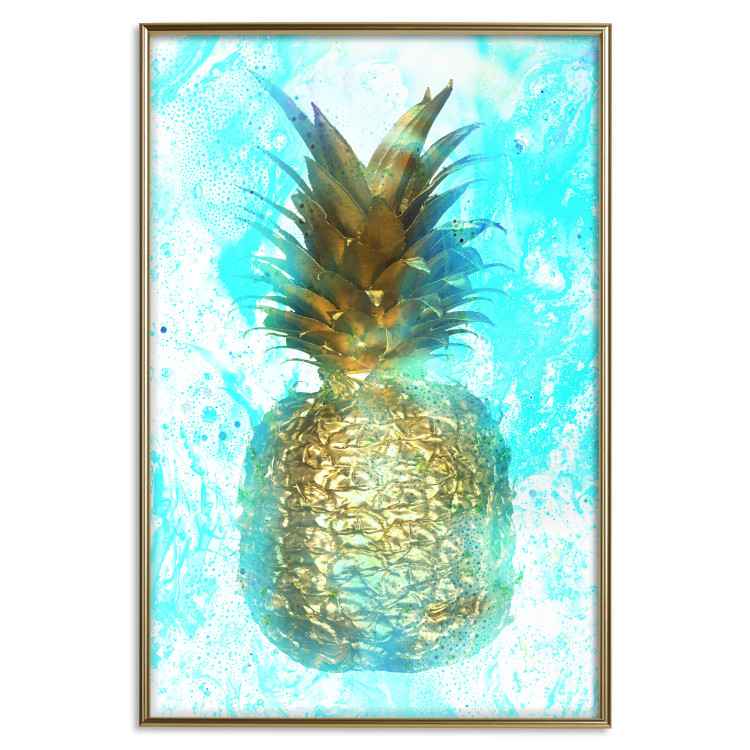Wall Poster Precious Fruit - tropical pineapple in golden color on a blue background 131826 additionalImage 17