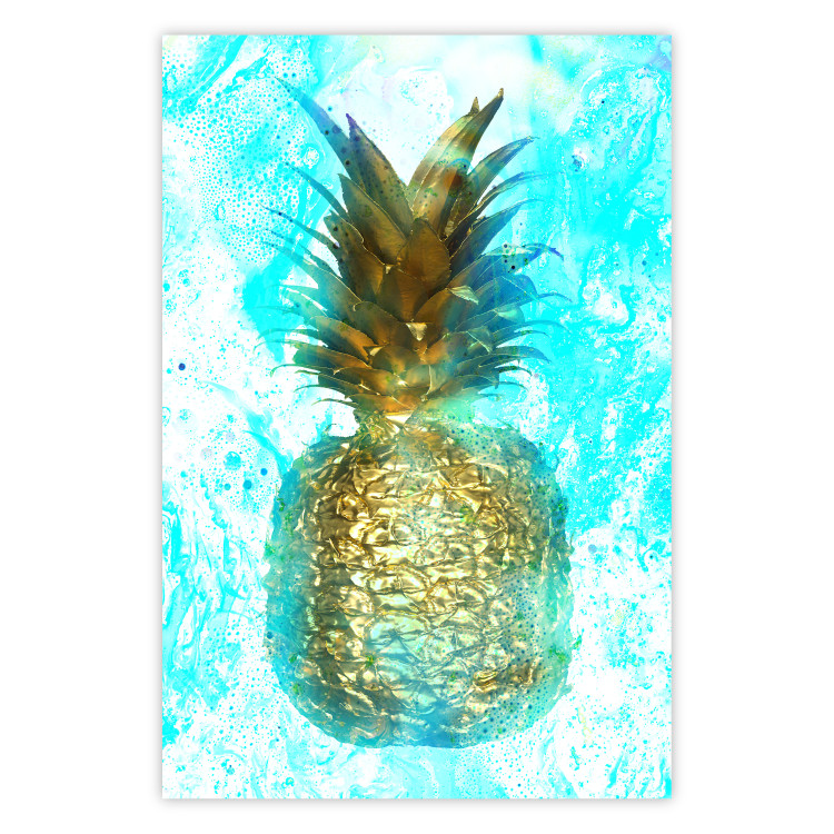 Wall Poster Precious Fruit - tropical pineapple in golden color on a blue background 131826