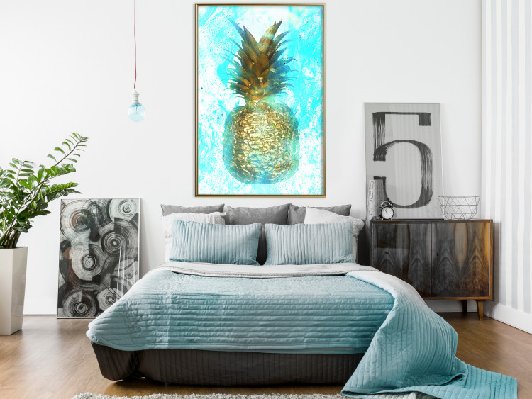 Wall Poster Precious Fruit - tropical pineapple in golden color on a blue background 131826 additionalImage 5