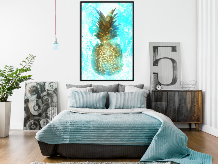 Wall Poster Precious Fruit - tropical pineapple in golden color on a blue background 131826 additionalImage 4
