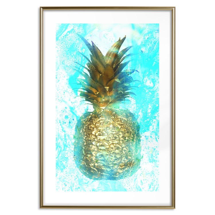 Wall Poster Precious Fruit - tropical pineapple in golden color on a blue background 131826 additionalImage 14