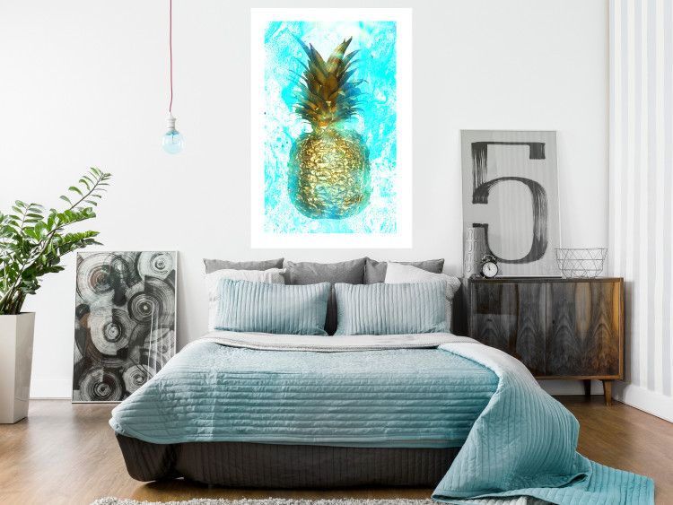 Wall Poster Precious Fruit - tropical pineapple in golden color on a blue background 131826 additionalImage 3