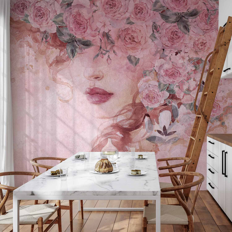 Wall Mural Lady in flowers - portrait of a woman's face draped in pink flowers 135026 additionalImage 6