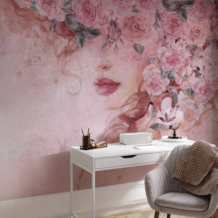 Wall Mural Lady in flowers - portrait of a woman's face draped in pink flowers 135026 additionalImage 4