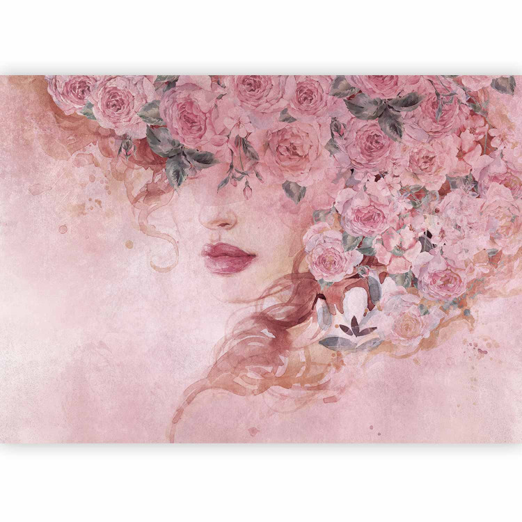 Wall Mural Lady in flowers - portrait of a woman's face draped in pink flowers 135026 additionalImage 1