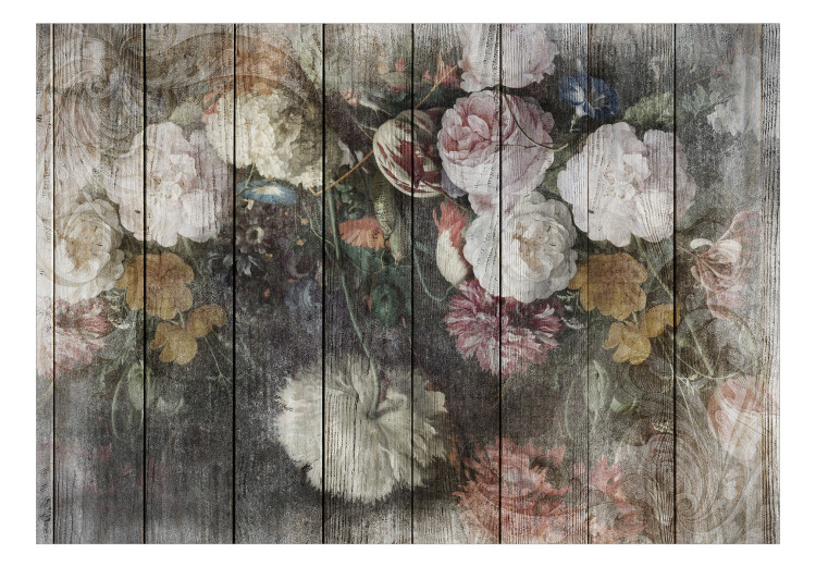Photo Wallpaper Flowering flowers - retro floral motif on wooden boards 135926 additionalImage 1