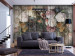 Photo Wallpaper Flowering flowers - retro floral motif on wooden boards 135926