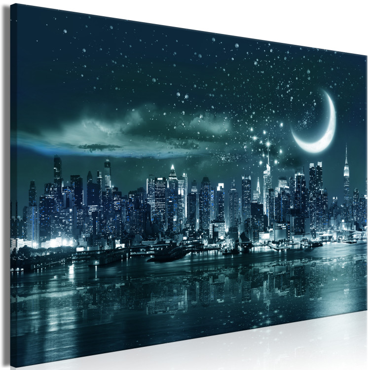 Canvas Art Print Moon over Manhattan (1-piece) Wide - New York after dark 138326 additionalImage 2