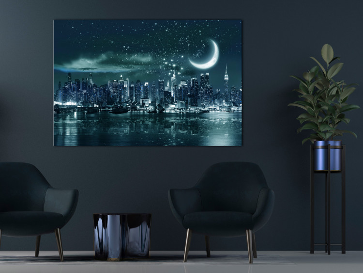 Canvas Art Print Moon over Manhattan (1-piece) Wide - New York after dark 138326 additionalImage 3