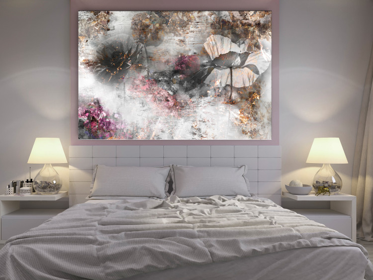 Canvas Abstraction in a Golden Garden (1-piece) - gray poppies with a hint of pink 143926 additionalImage 3