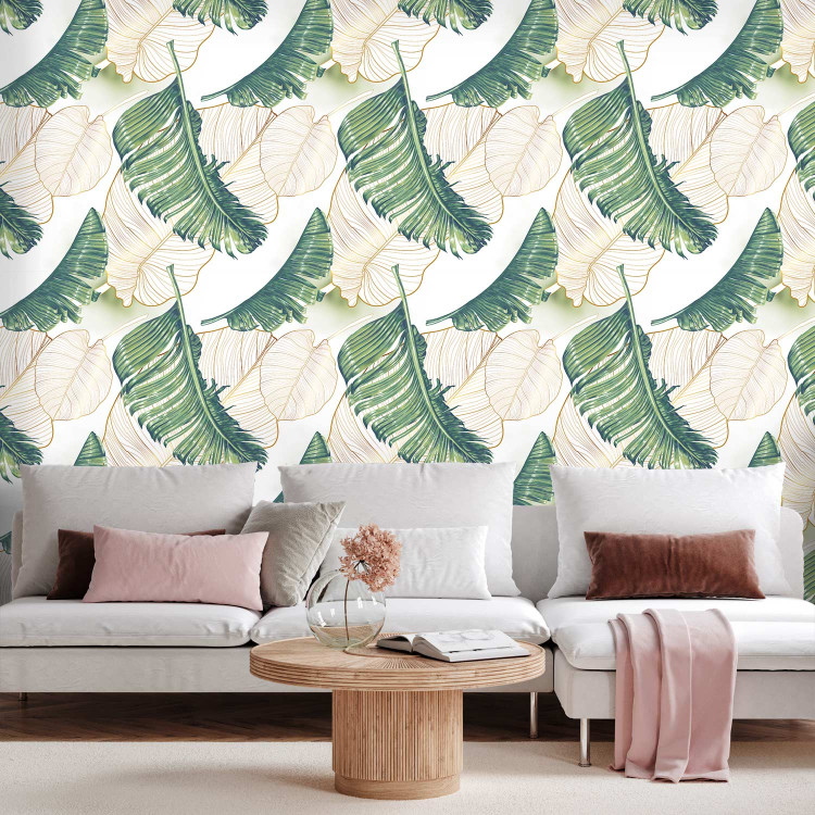 Modern Wallpaper Luscious Nature - Large Green Leaves and Delicate Beige Ones in the Wind 146026