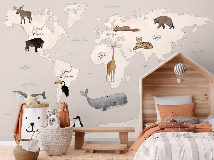 Photo Wallpaper World Map for Kids - Continents and Oceans in Beige Tones 148026