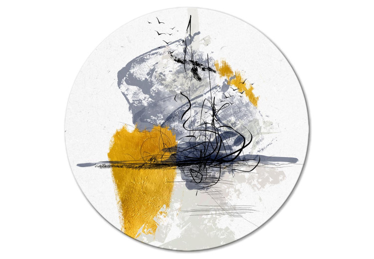 Round Canvas Crazy Landscape - Black and White Abstraction With Gold Additions 148726
