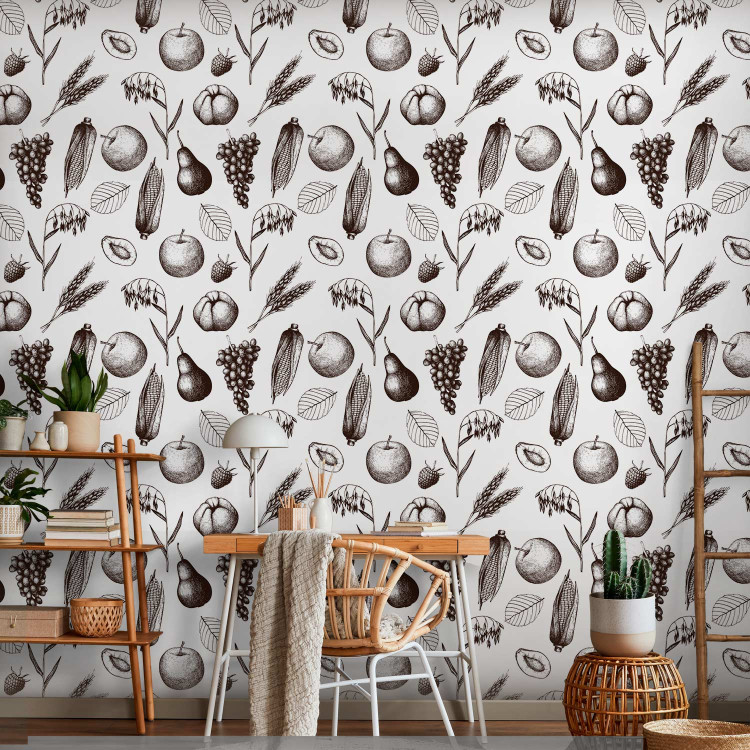Wallpaper Autumn Pattern - Monochrome Sketch of Fruits and Ears of Grain 149926 additionalImage 5