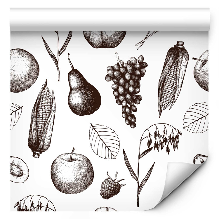 Wallpaper Autumn Pattern - Monochrome Sketch of Fruits and Ears of Grain 149926 additionalImage 1