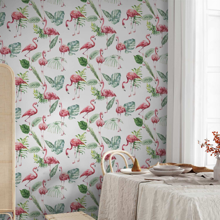 Wallpaper Exotic Birds - Dignified Pink Flamingos and Tropical Leaves 150026 additionalImage 9