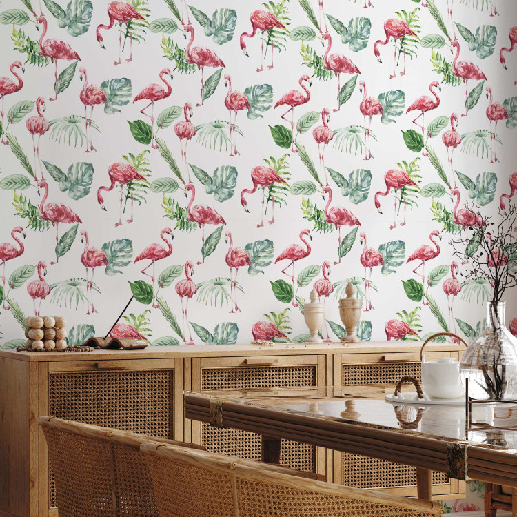 Wallpaper Exotic Birds - Dignified Pink Flamingos and Tropical Leaves 150026 additionalImage 5
