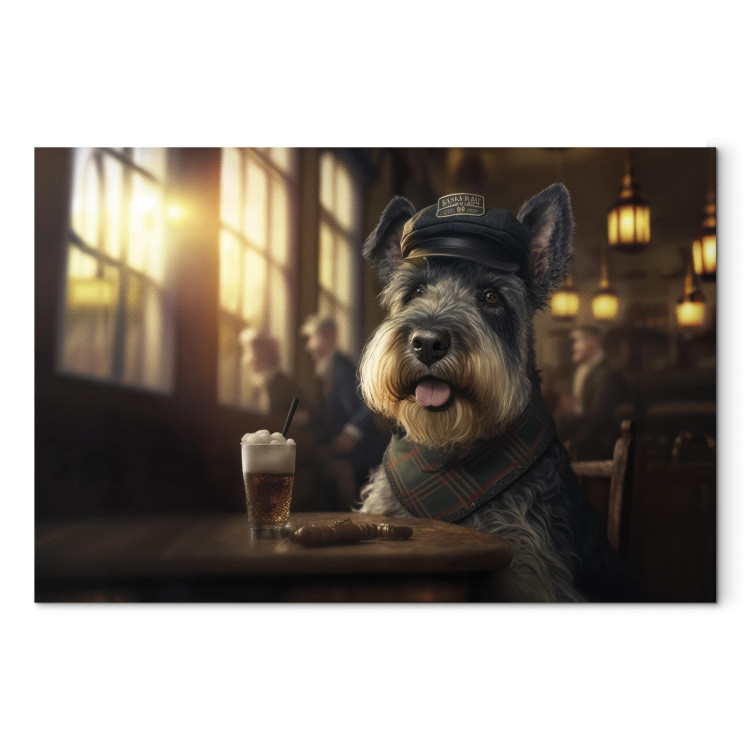 Canvas Print AI Dog Miniature Schnauzer - Portrait of a Animal in a Pub With a Beer - Horizontal 150126