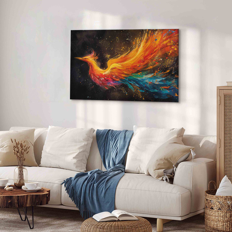 Canvas Art Print Firebird - Painterly Phoenix Rushing With the Wind on a Black Background 159526 additionalImage 4
