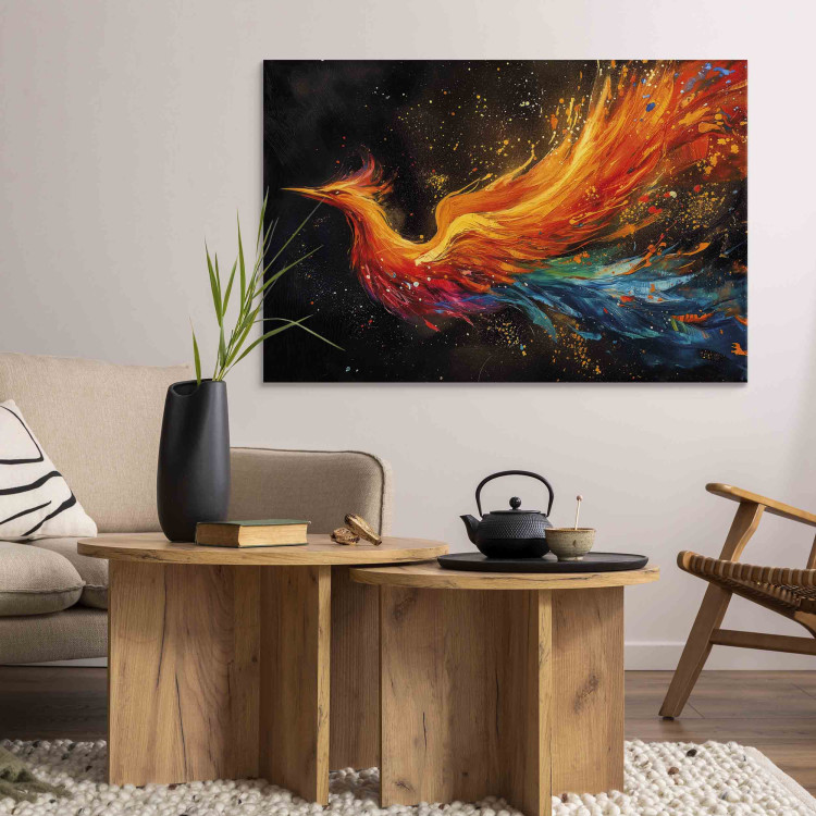 Canvas Art Print Firebird - Painterly Phoenix Rushing With the Wind on a Black Background 159526 additionalImage 9