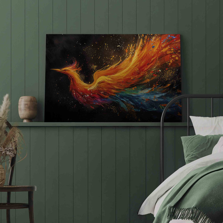 Canvas Art Print Firebird - Painterly Phoenix Rushing With the Wind on a Black Background 159526 additionalImage 11
