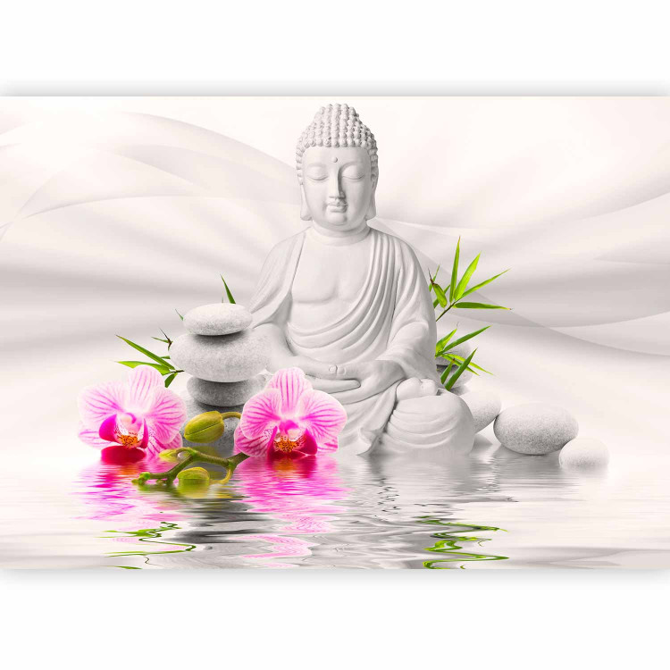 Wall Mural Buddhism - Meditating Buddha on a water surface with orchids on a white background 61426 additionalImage 1